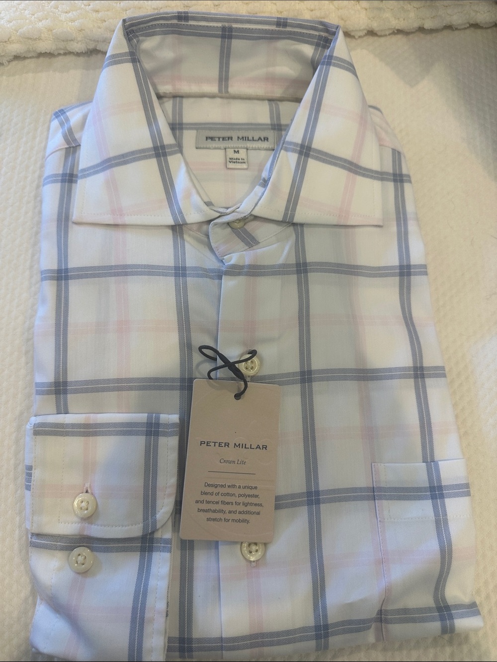 Peter Millar White Dress Shirt with Blue & Pink Windowpane Plaid long sleeve